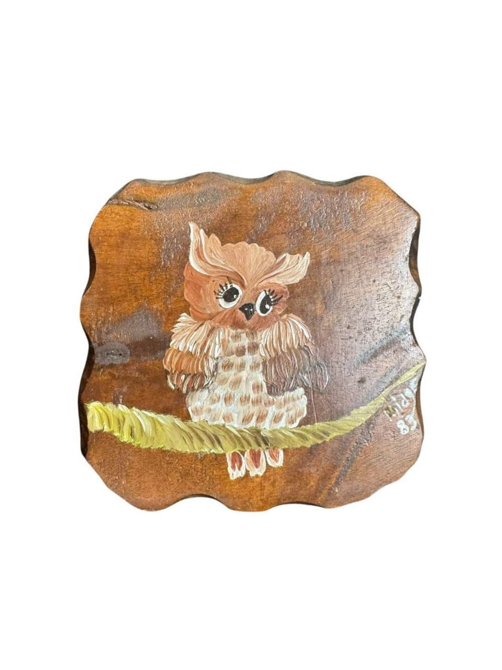 Vintage 80s Hand-Painted Owl on Square Wood, Whimsical Wall Decor, 5x5